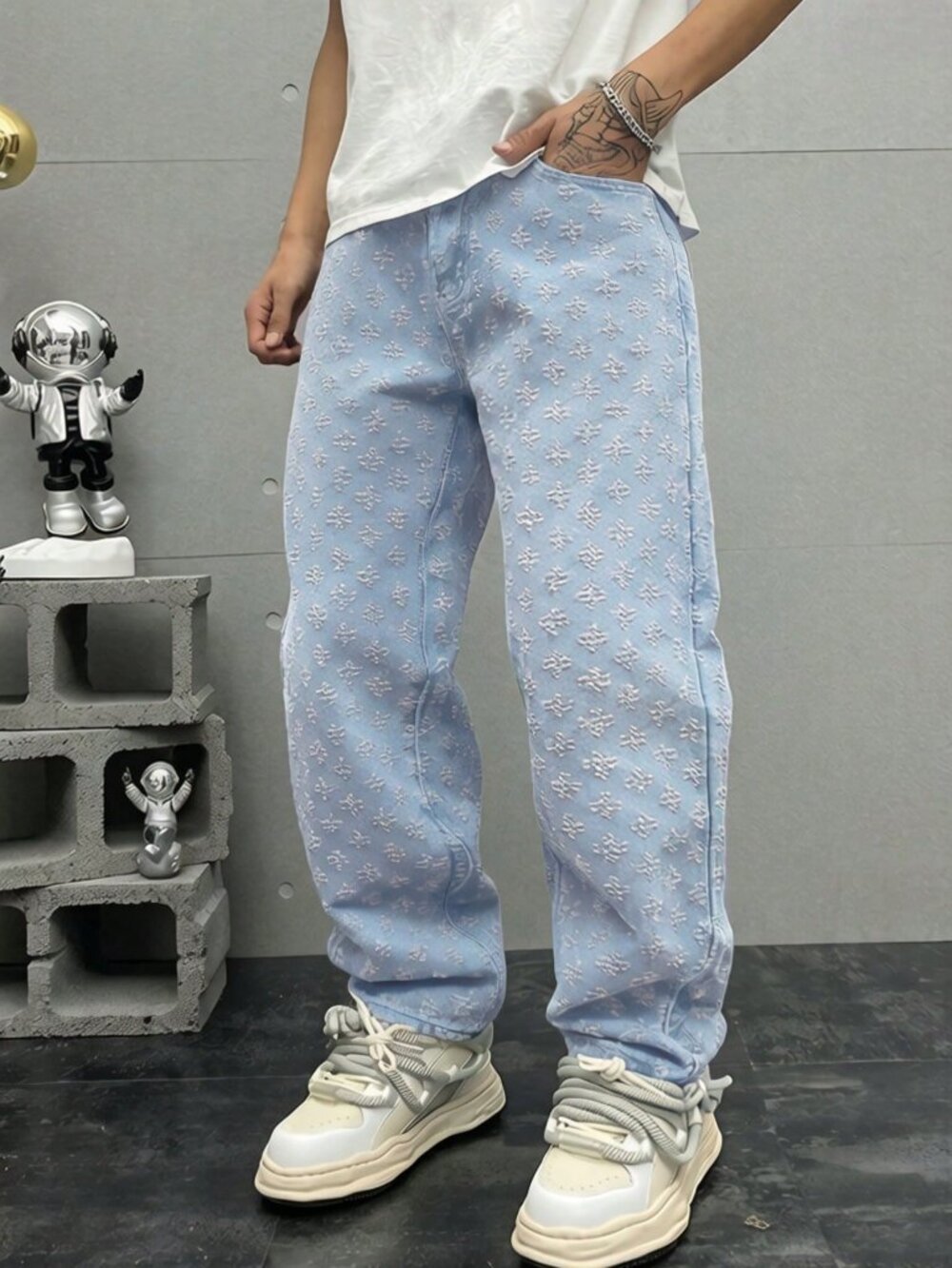 Baby Blue Casual Men's Crochet Zip Fly Loose Fit Jeans